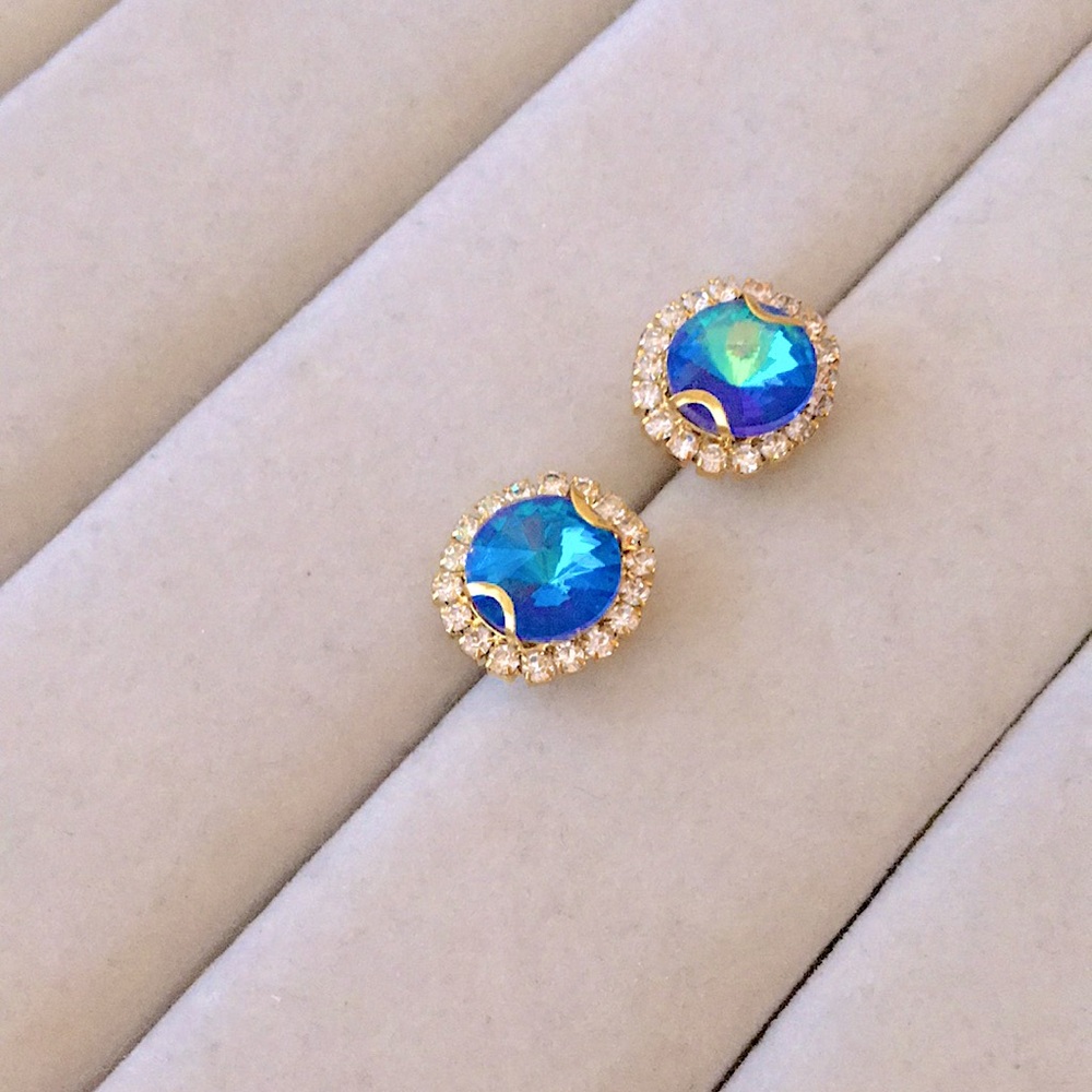 Light Sapphire Aurora Borealis + Gold Rivoli Crystal Halo Earrings - Picture 6 of 11